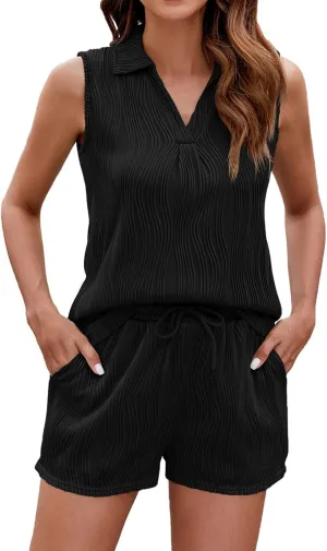 2 Piece Outfits for Women Lightweight Matching Lounge Set Sleeveless V Neck Top and Elastic Waist Shorts with Pocket