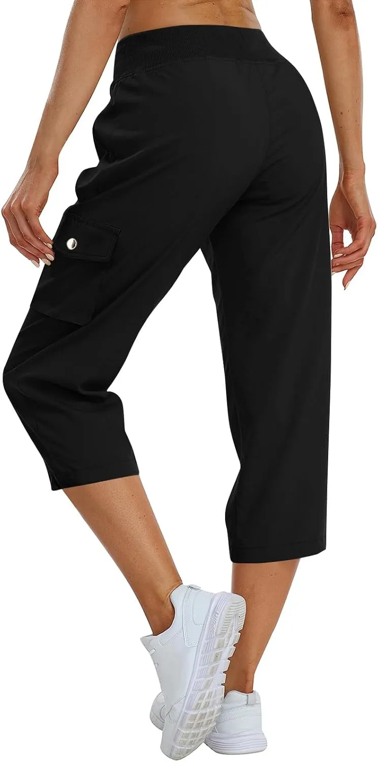 ADHOWBEW Women's Cargo Pants with Pockets Summer Baggy Casual Elastic Waist Lightweight Capri Pants Joggers
