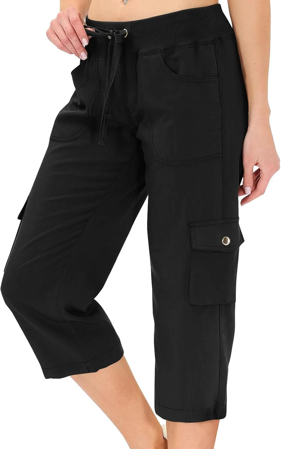 ADHOWBEW Women's Cargo Pants with Pockets Summer Baggy Casual Elastic Waist Lightweight Capri Pants Joggers