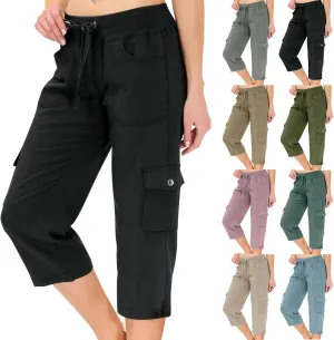 ADHOWBEW Women's Cargo Pants with Pockets Summer Baggy Casual Elastic Waist Lightweight Capri Pants Joggers