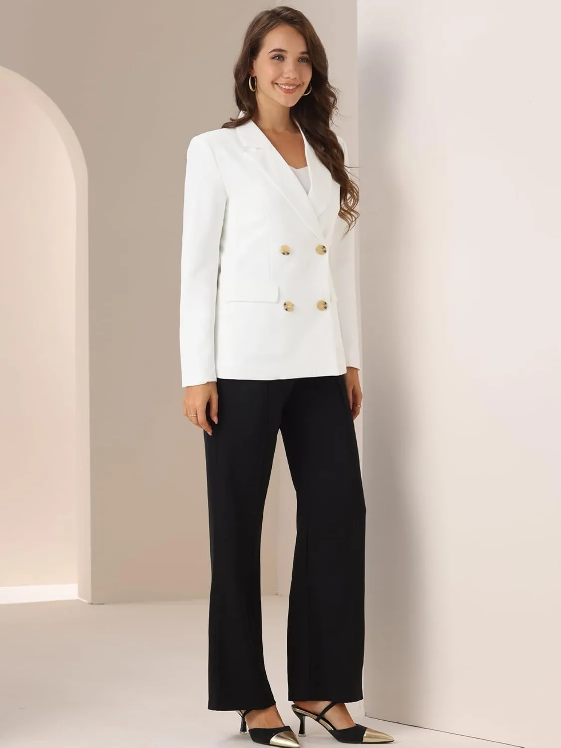 Allegra K Women's Notched Lapel Double Breasted Work Formal Blazer Jacket
