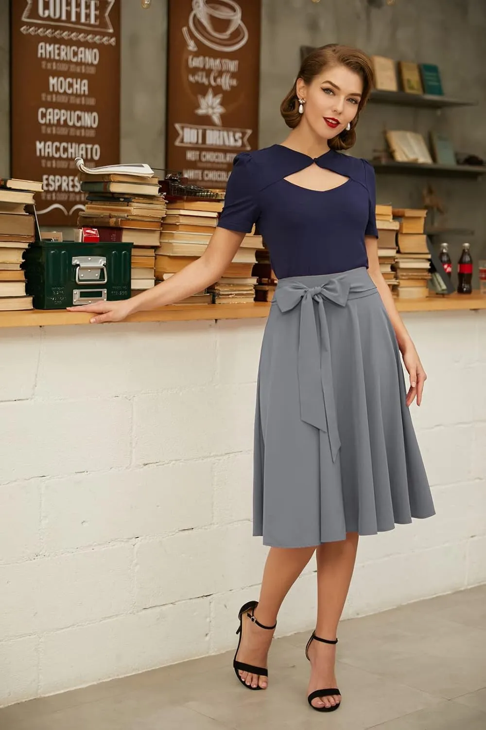 Belle Poque Women's High Waist A-Line Pockets Skirt Skater Flared Midi Skirt Vinage Skirt