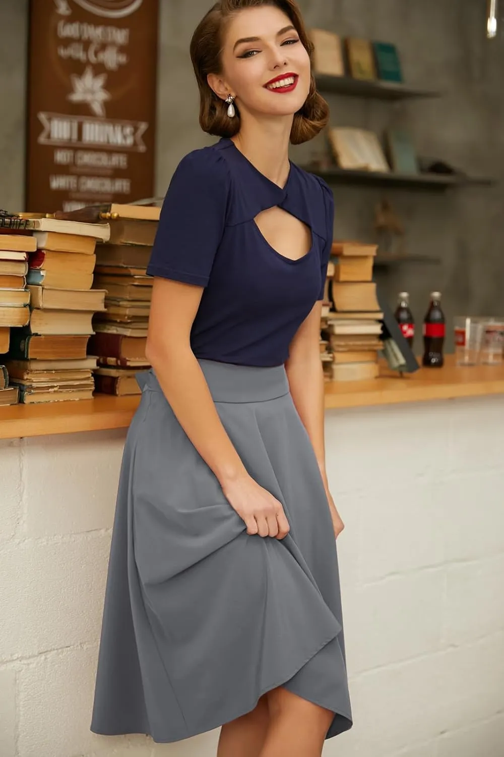 Belle Poque Women's High Waist A-Line Pockets Skirt Skater Flared Midi Skirt Vinage Skirt