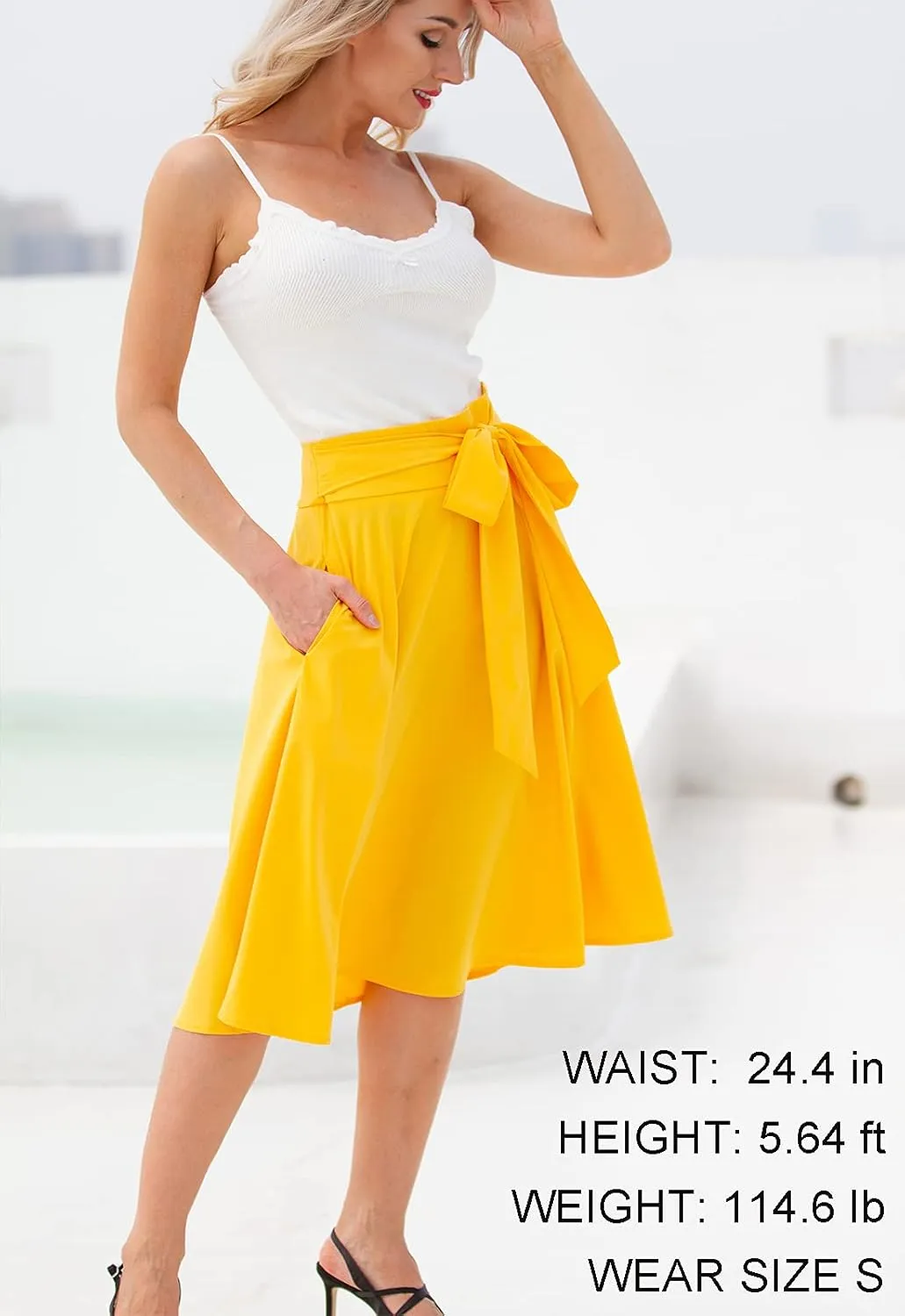Belle Poque Women's High Waist A-Line Pockets Skirt Skater Flared Midi Skirt Vinage Skirt