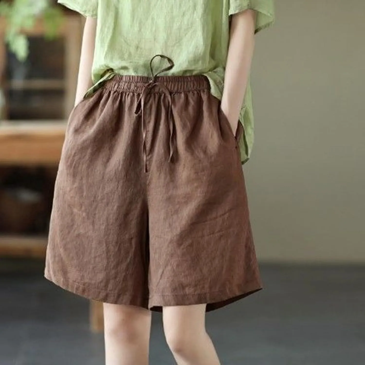Bermuda Lounge Shorts for Women Knee Length High Waisted Flowy Shorts Drawstring Baggy Summer Short Pants with Pockets