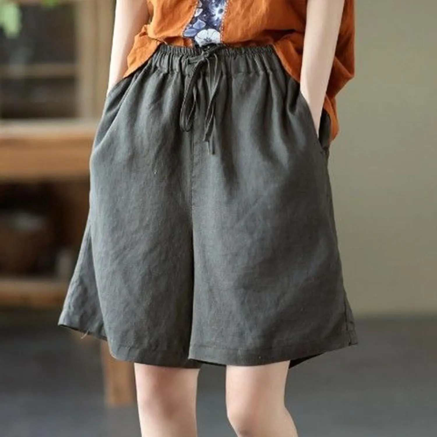 Bermuda Lounge Shorts for Women Knee Length High Waisted Flowy Shorts Drawstring Baggy Summer Short Pants with Pockets