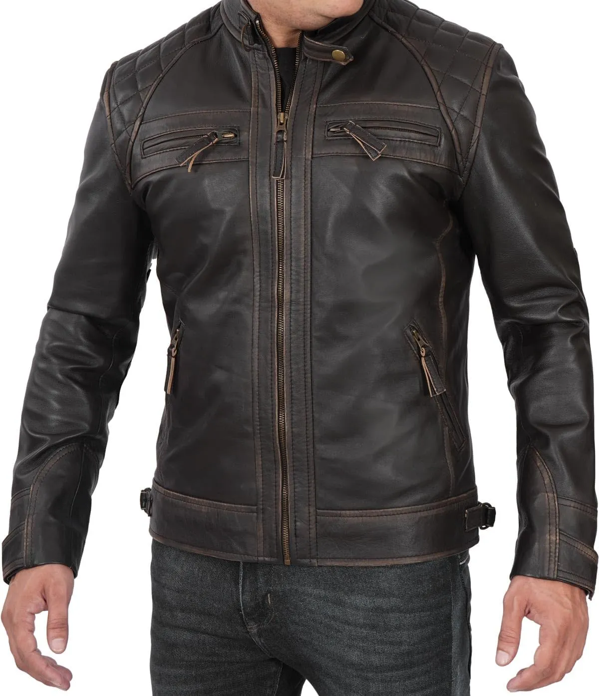Blingsoul Leather Jacket Men - Quilted Cafe Racer Leather Jackets For Men