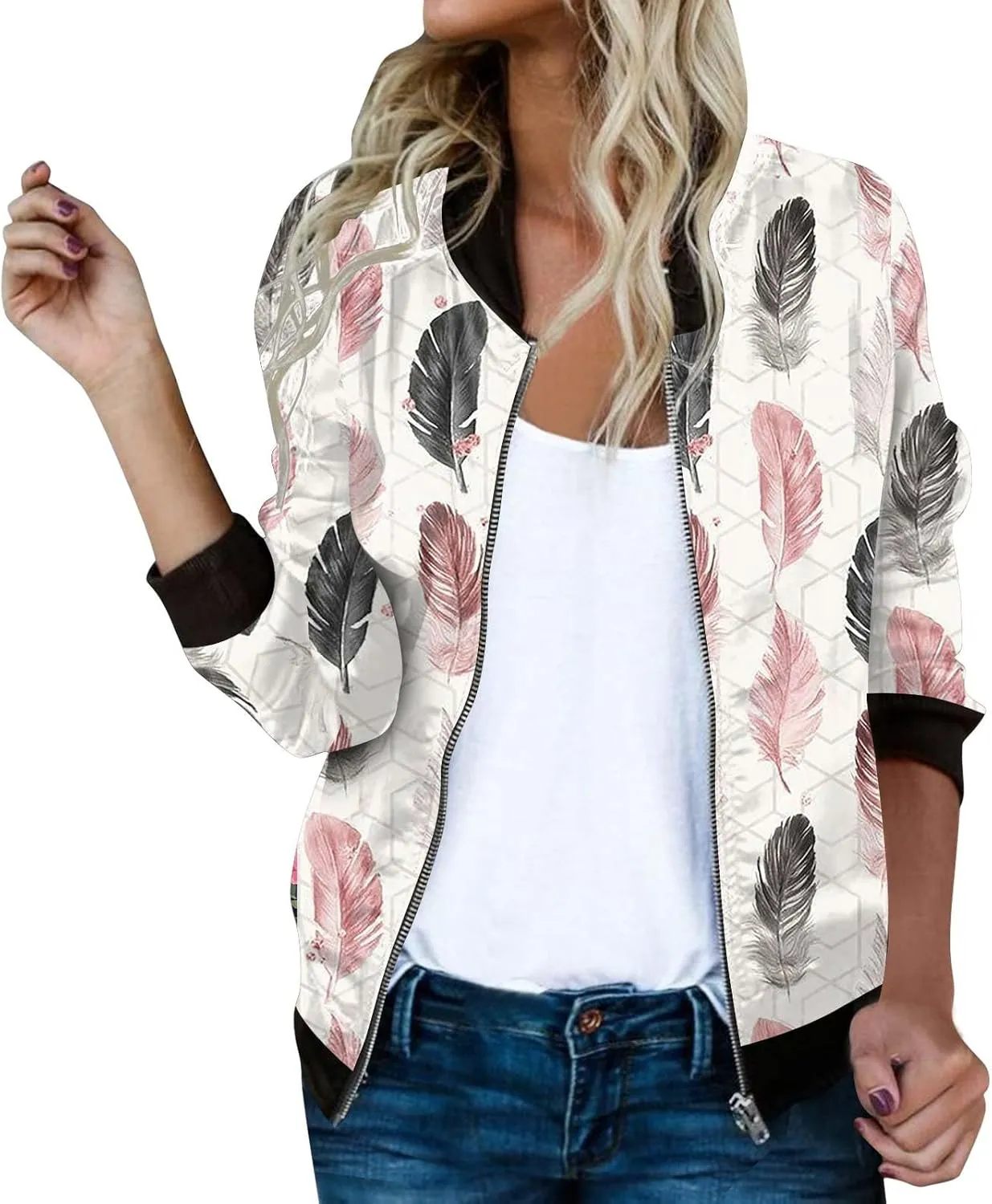 Bomber Jacket Women 2025 Floral Zip Up Zipper Sports Jackets Coats Stand Collar Causal Long Sleeve Lightweight Outerwear Tops