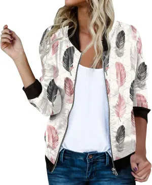 Bomber Jacket Women 2025 Floral Zip Up Zipper Sports Jackets Coats Stand Collar Causal Long Sleeve Lightweight Outerwear Tops