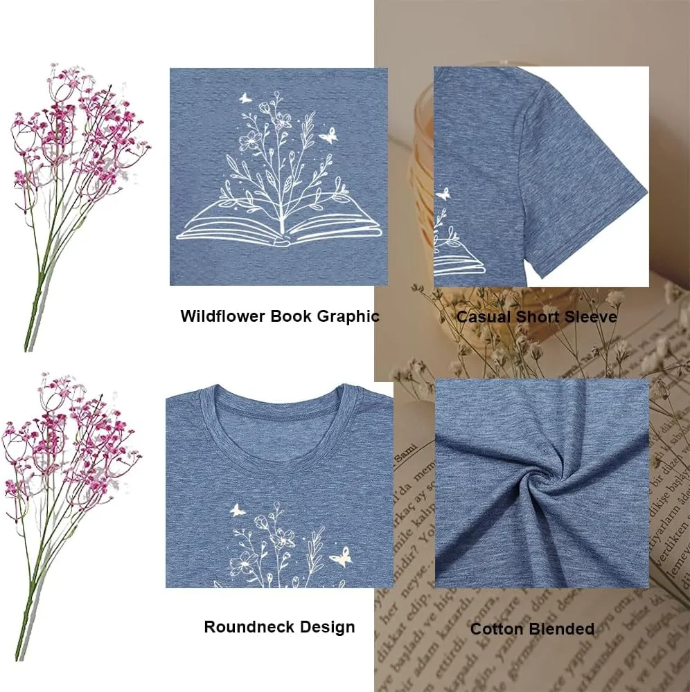 Book Lovers Women's Funny Wildflowers Reading Shirt - Cute Book Lover Bookworm Teacher Short Sleeve Tee