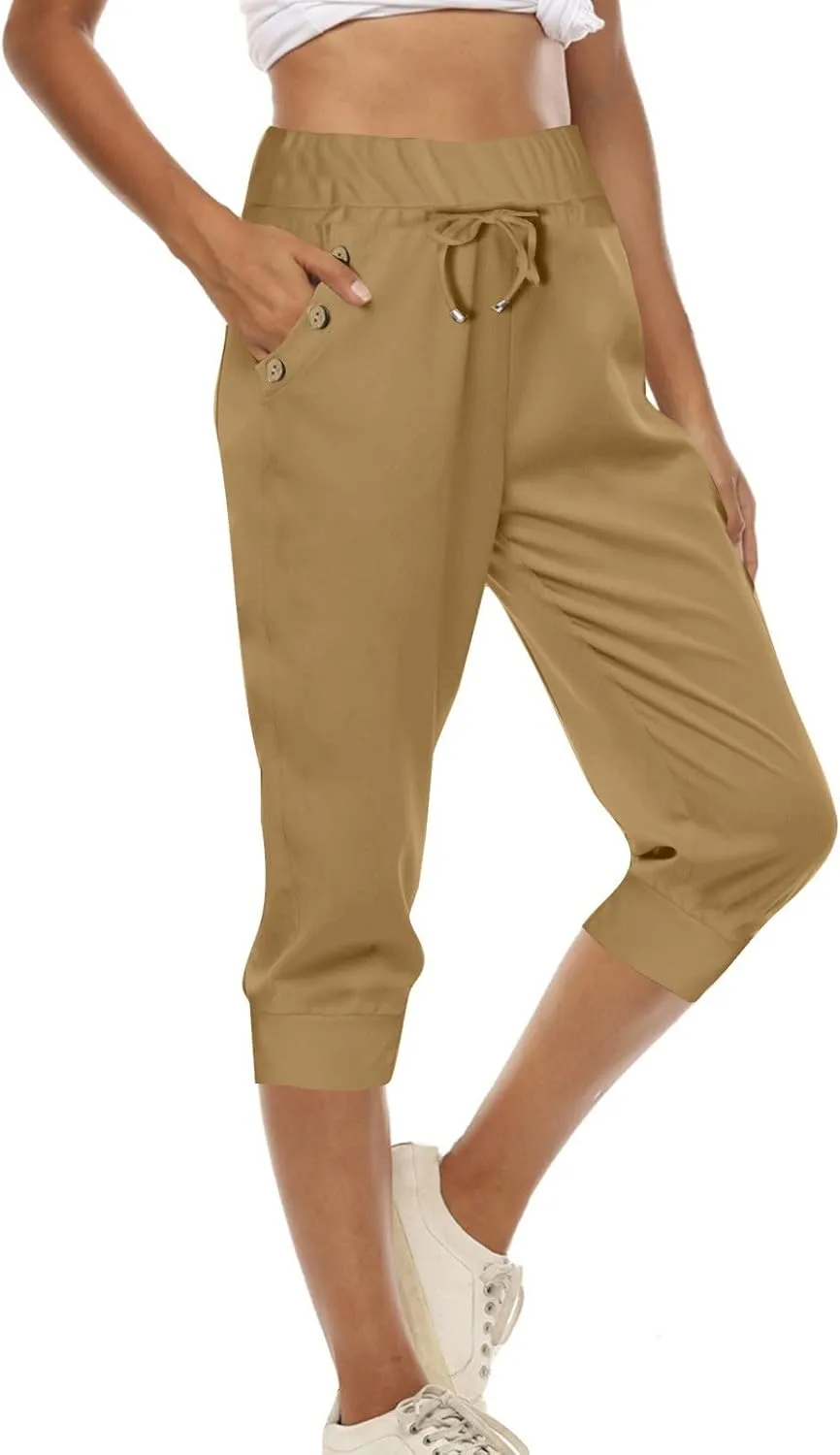 Capri Joggers Womens Fashion 2025 Trendy Elastic Drawstring High Waisted Capris Casual Summer Stretch Active Pants