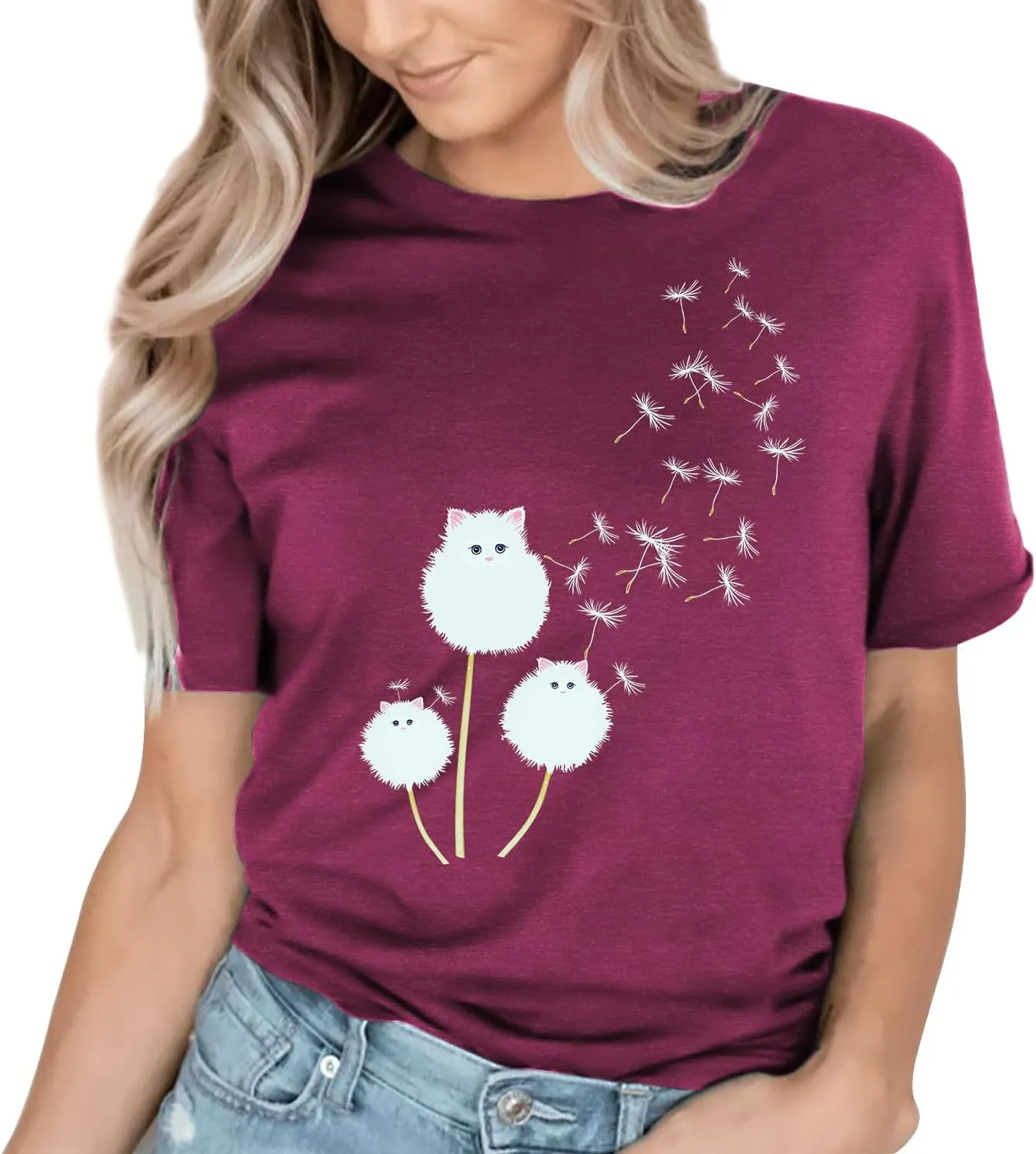 Cat Shirts for Women Flower Tee Shirts Womens Dandelion T-Shirt Cute Dandelion Cat Graphic Print Shirts