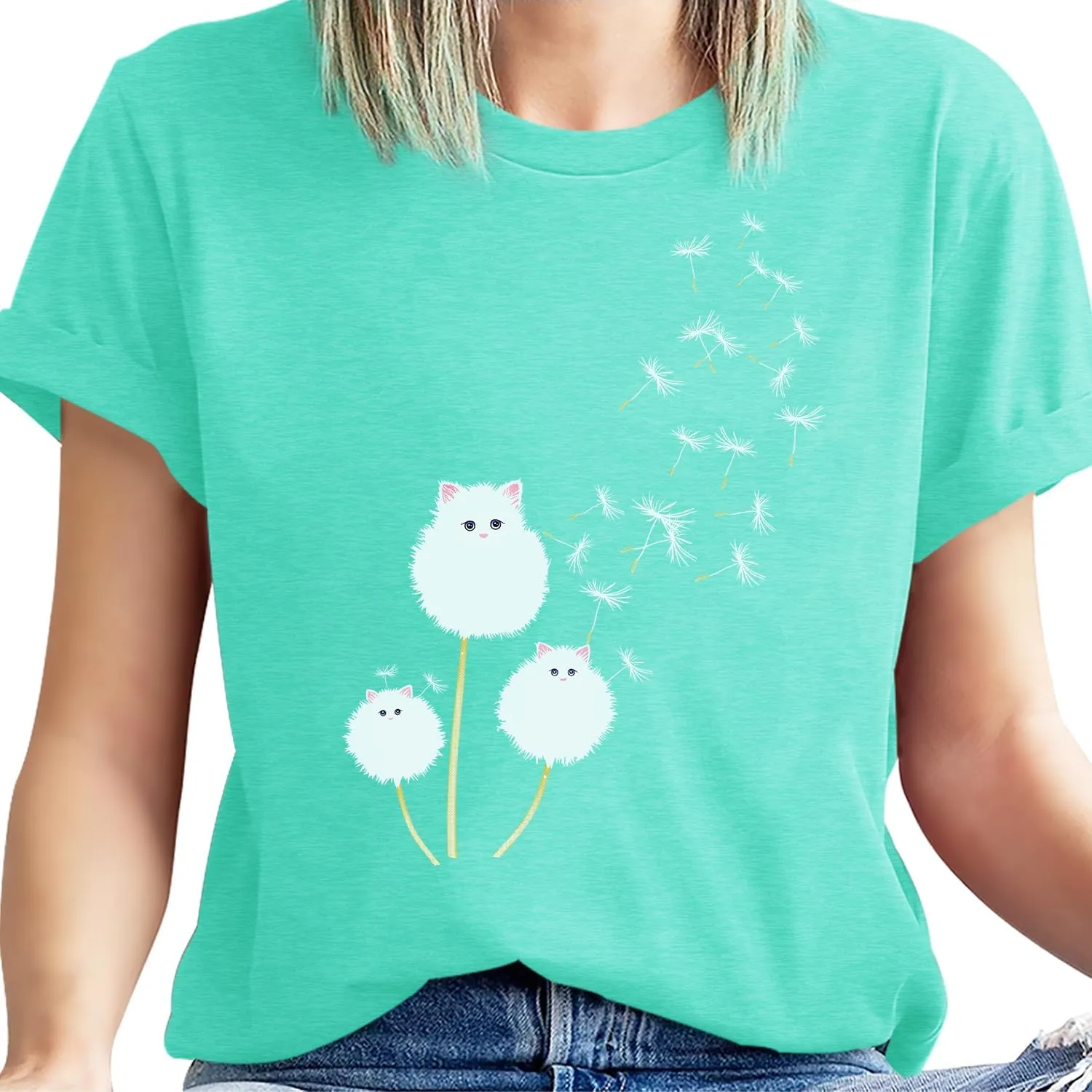 Cat Shirts for Women Flower Tee Shirts Womens Dandelion T-Shirt Cute Dandelion Cat Graphic Print Shirts