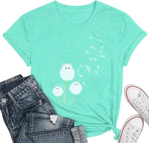 Cat Shirts for Women Flower Tee Shirts Womens Dandelion T-Shirt Cute Dandelion Cat Graphic Print Shirts