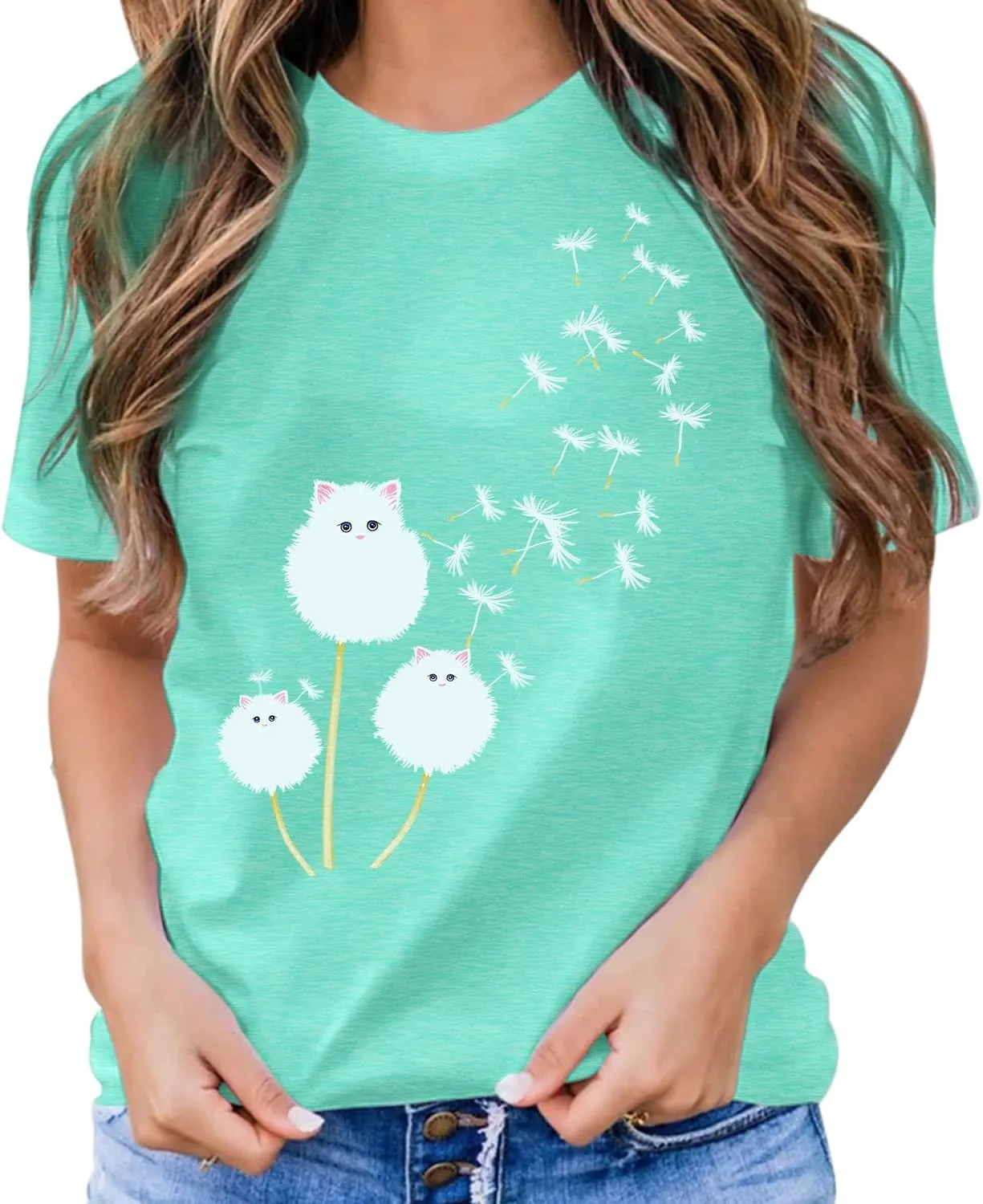 Cat Shirts for Women Flower Tee Shirts Womens Dandelion T-Shirt Cute Dandelion Cat Graphic Print Shirts