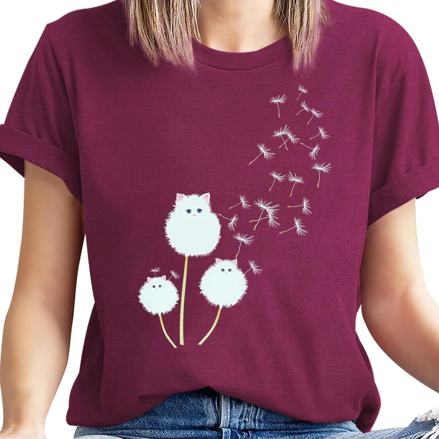 Cat Shirts for Women Flower Tee Shirts Womens Dandelion T-Shirt Cute Dandelion Cat Graphic Print Shirts