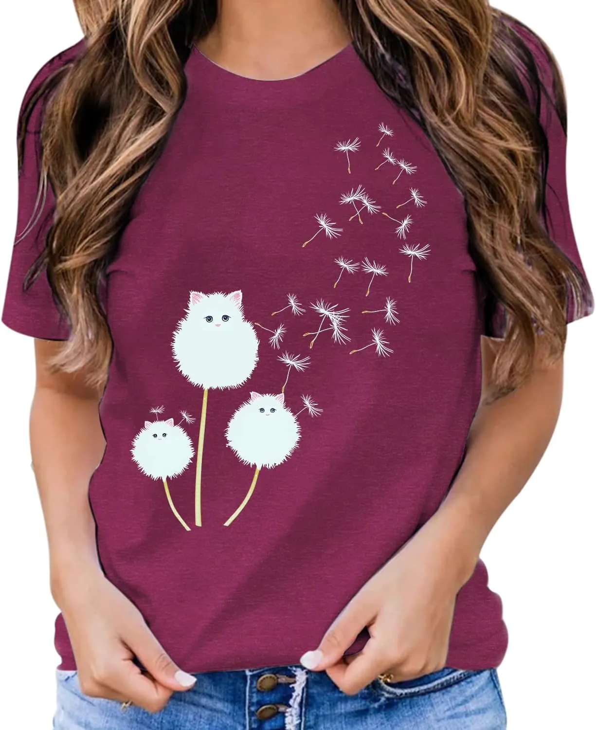 Cat Shirts for Women Flower Tee Shirts Womens Dandelion T-Shirt Cute Dandelion Cat Graphic Print Shirts