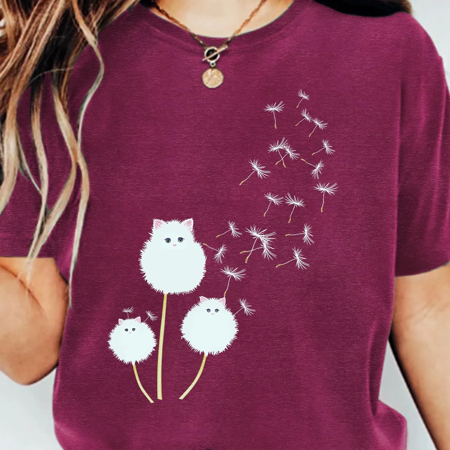 Cat Shirts for Women Flower Tee Shirts Womens Dandelion T-Shirt Cute Dandelion Cat Graphic Print Shirts