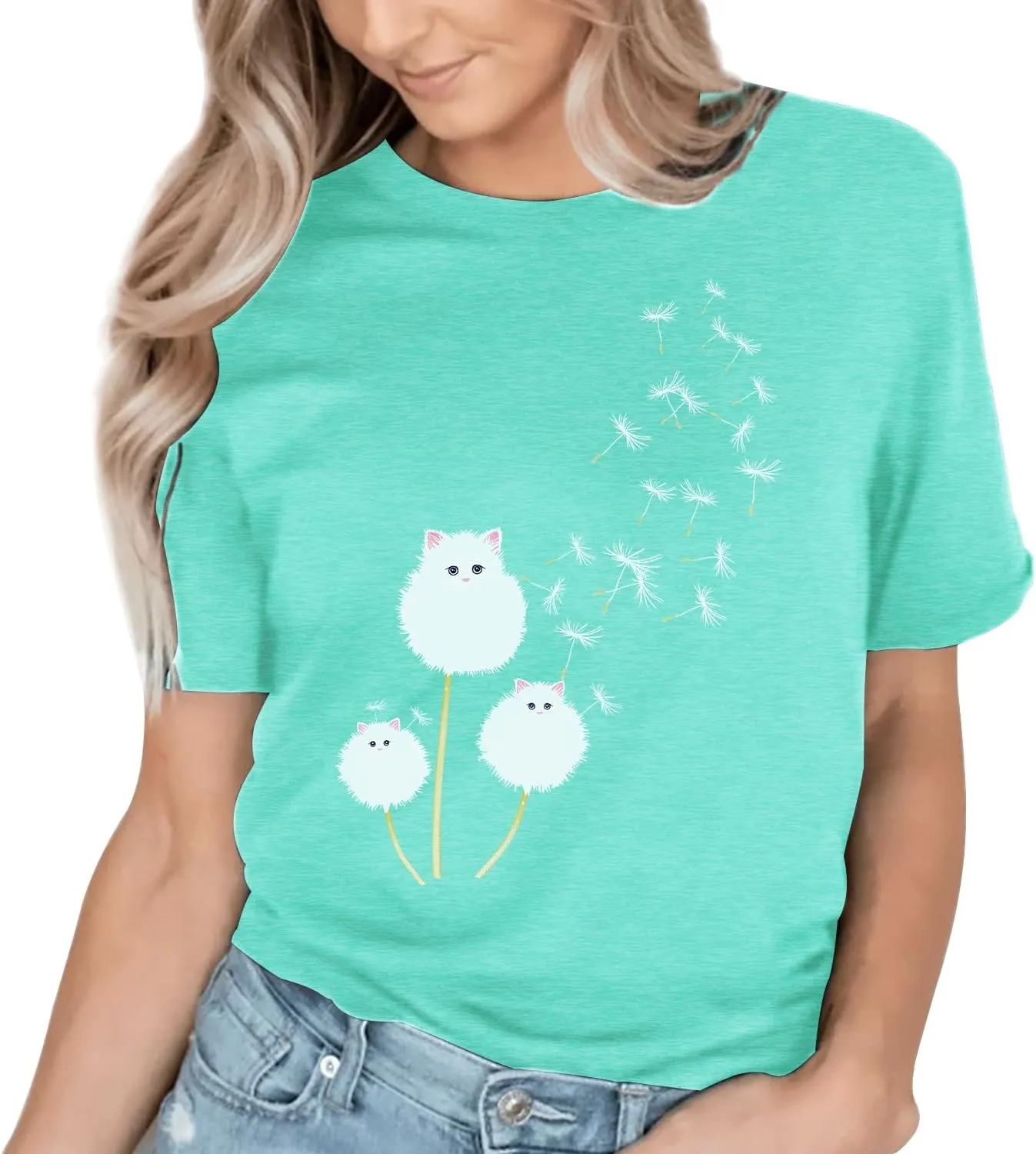 Cat Shirts for Women Flower Tee Shirts Womens Dandelion T-Shirt Cute Dandelion Cat Graphic Print Shirts