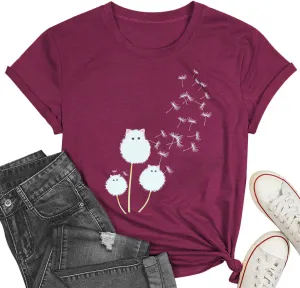 Cat Shirts for Women Flower Tee Shirts Womens Dandelion T-Shirt Cute Dandelion Cat Graphic Print Shirts