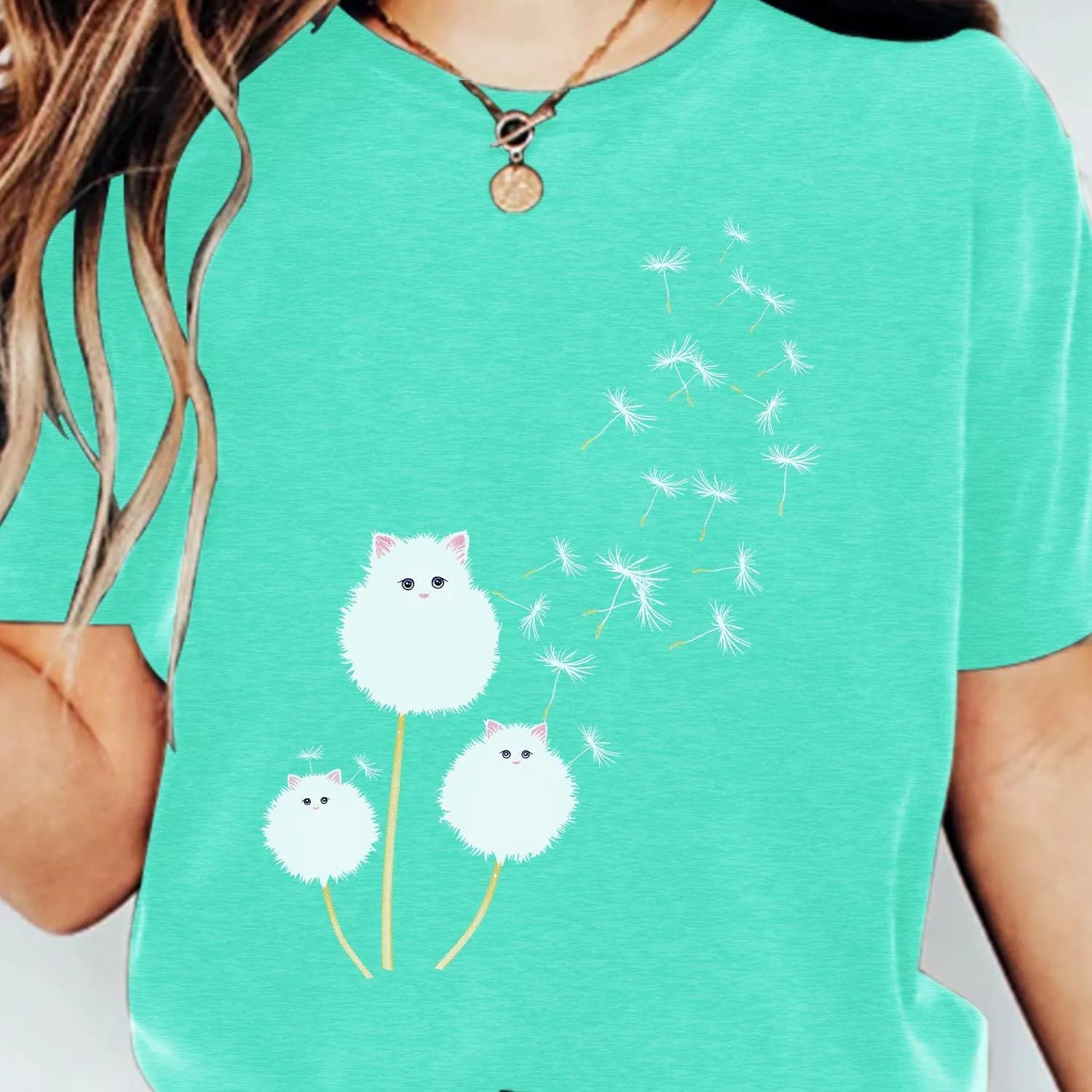Cat Shirts for Women Flower Tee Shirts Womens Dandelion T-Shirt Cute Dandelion Cat Graphic Print Shirts