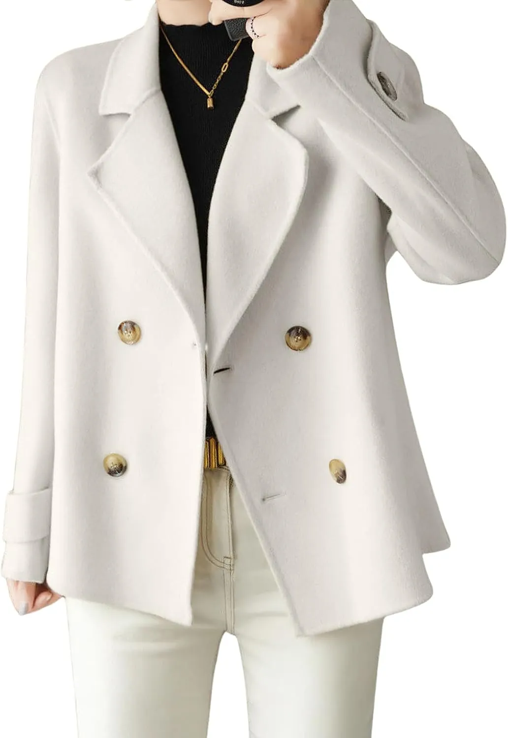 chouyatou Womens Fall Winter Casual Business Wool Blend Coat Loose Double Breasted Dressy Blazer Pea Coat