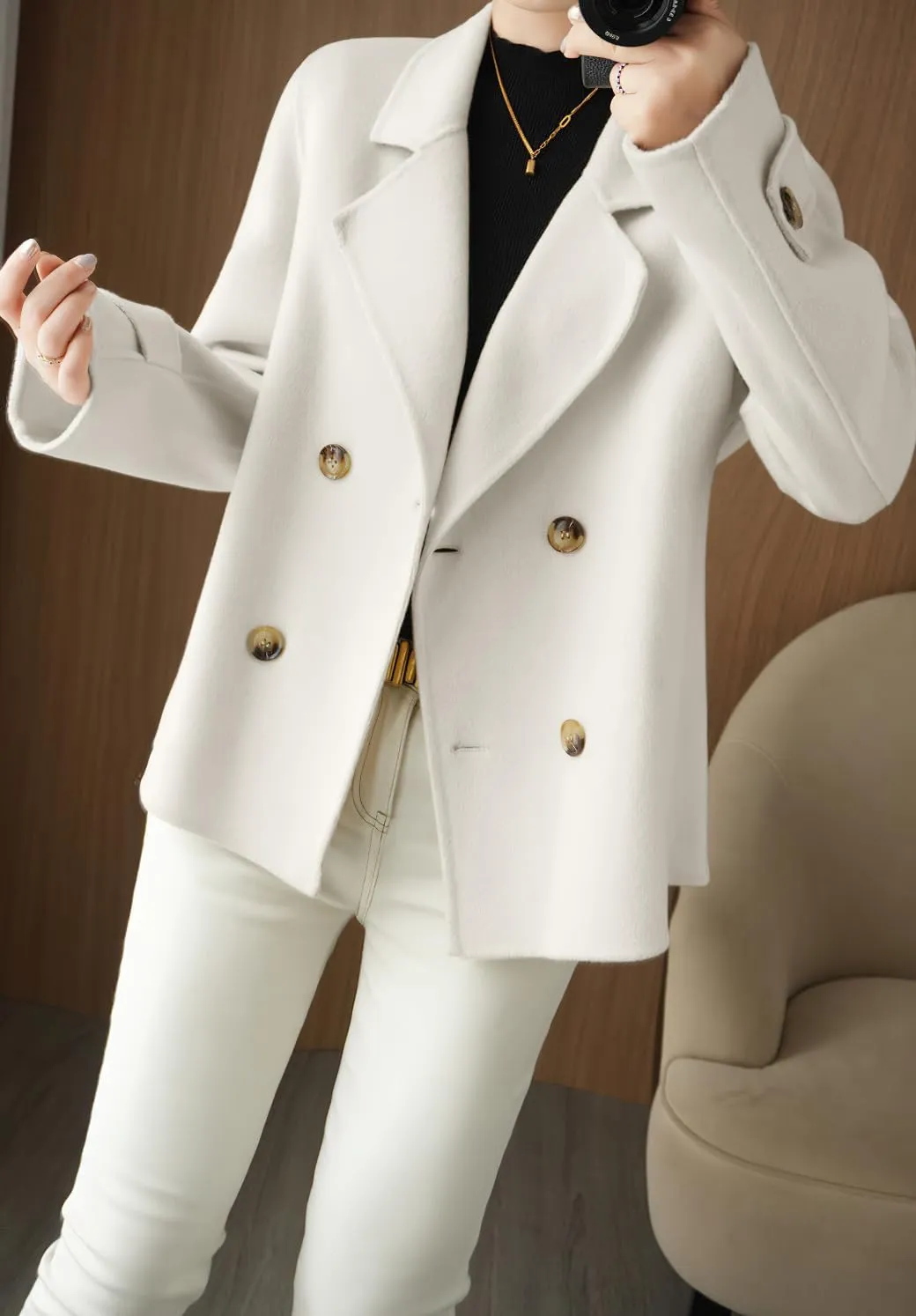 chouyatou Womens Fall Winter Casual Business Wool Blend Coat Loose Double Breasted Dressy Blazer Pea Coat