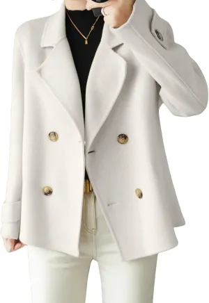 chouyatou Womens Fall Winter Casual Business Wool Blend Coat Loose Double Breasted Dressy Blazer Pea Coat