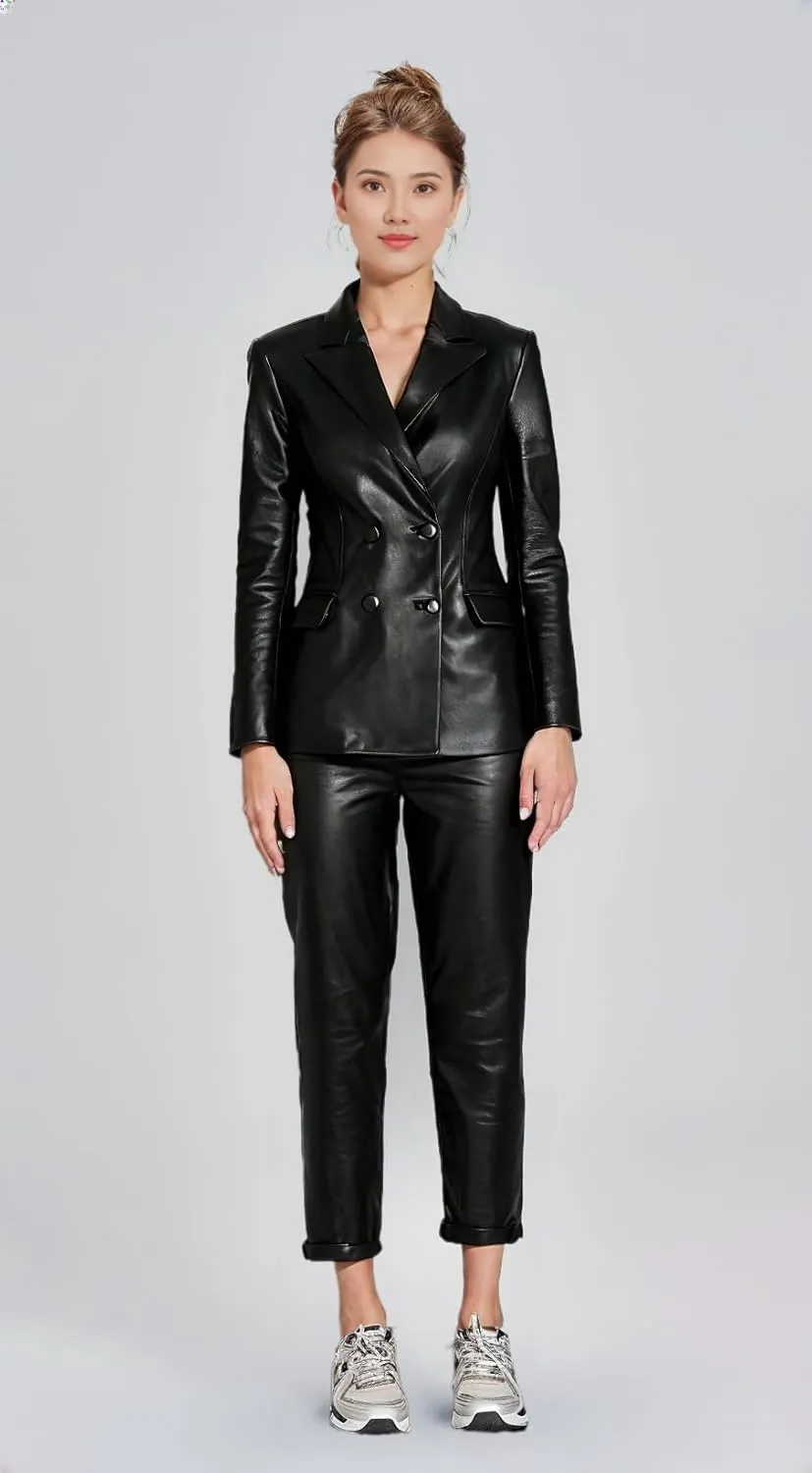 Classical Women's Double Breasted Blazer Two-Button Coat Genuine Leather Jacket Black Small Medium Extra Plus Size