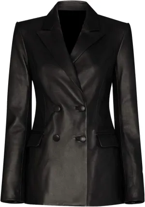 Classical Women's Double Breasted Blazer Two-Button Coat Genuine Leather Jacket Black Small Medium Extra Plus Size