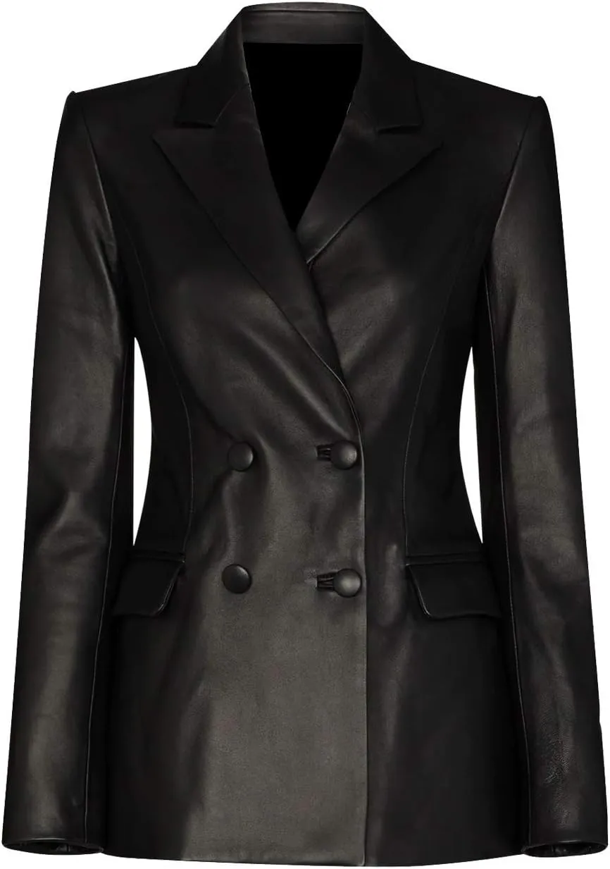 Classical Women's Double Breasted Blazer Two-Button Coat Genuine Leather Jacket Black Small Medium Extra Plus Size
