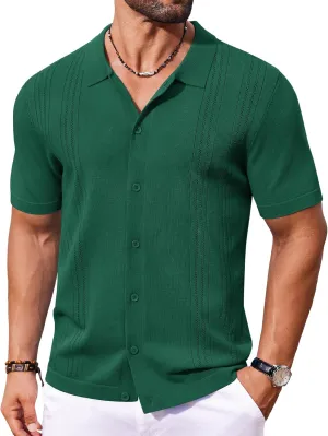COOFANDY Men's Knit Button Down Shirt Short Sleeve Cuban Guayabera Shirts Casual Textured Polo Summer Tops