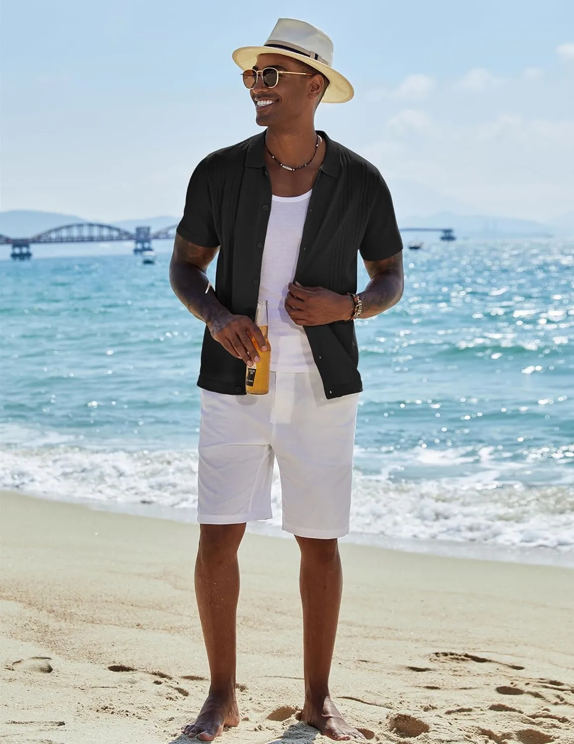 COOFANDY Men's Knit Button Down Shirt Short Sleeve Cuban Guayabera Shirts Casual Textured Polo Summer Tops
