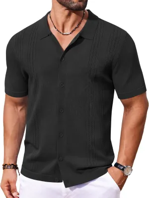 COOFANDY Men's Knit Button Down Shirt Short Sleeve Cuban Guayabera Shirts Casual Textured Polo Summer Tops