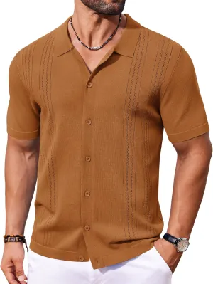 COOFANDY Men's Knit Button Down Shirt Short Sleeve Cuban Guayabera Shirts Casual Textured Polo Summer Tops