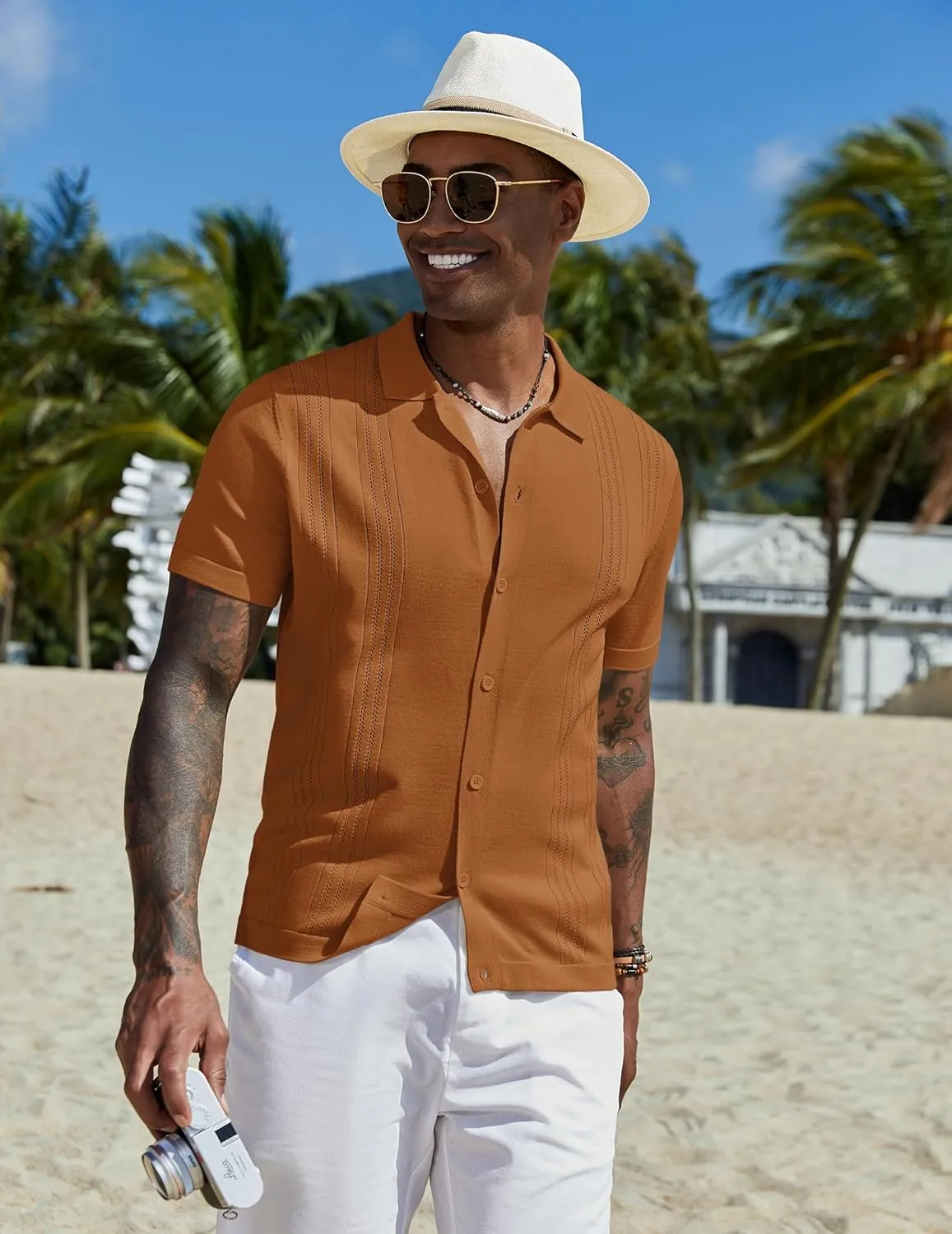 COOFANDY Men's Knit Button Down Shirt Short Sleeve Cuban Guayabera Shirts Casual Textured Polo Summer Tops