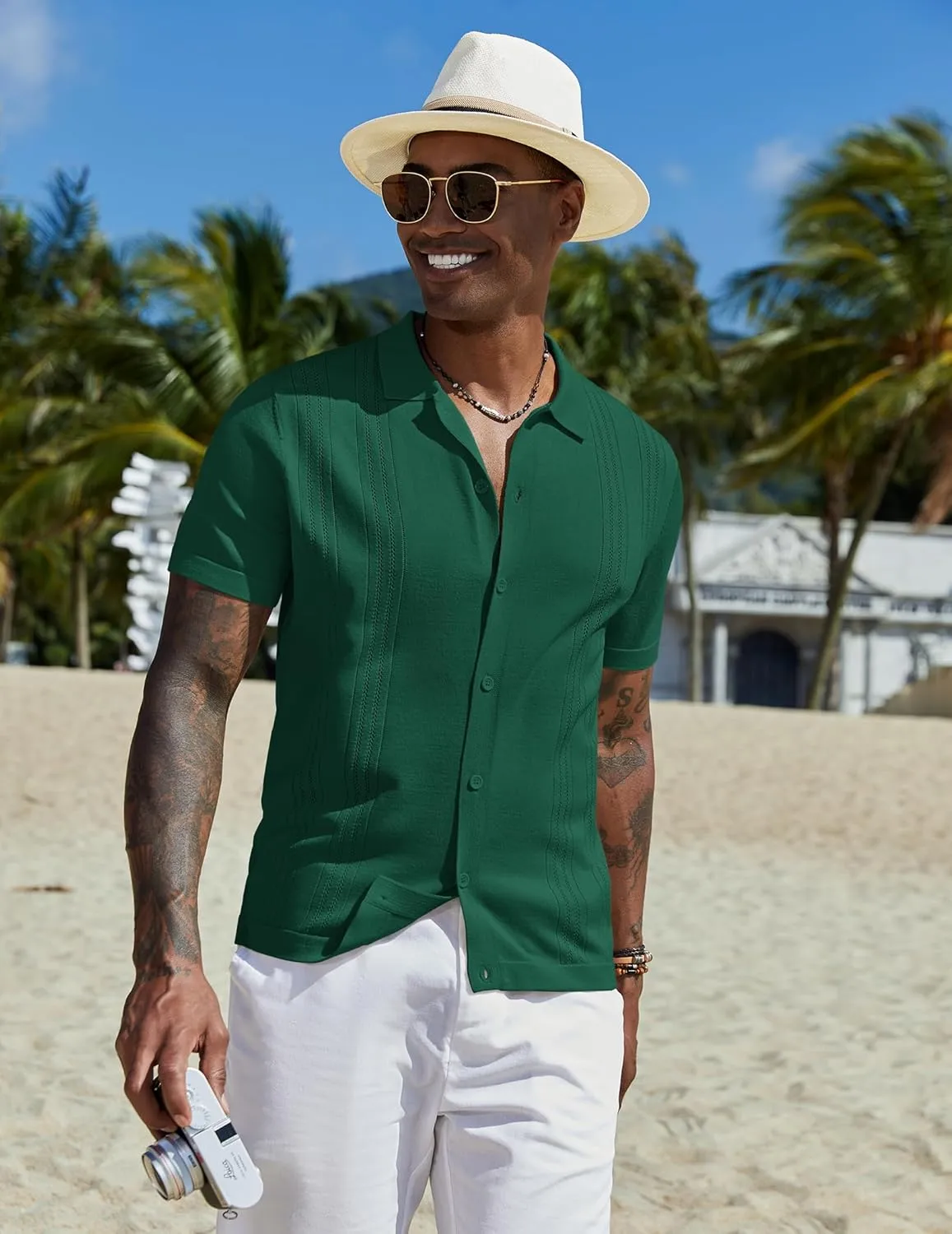 COOFANDY Men's Knit Button Down Shirt Short Sleeve Cuban Guayabera Shirts Casual Textured Polo Summer Tops