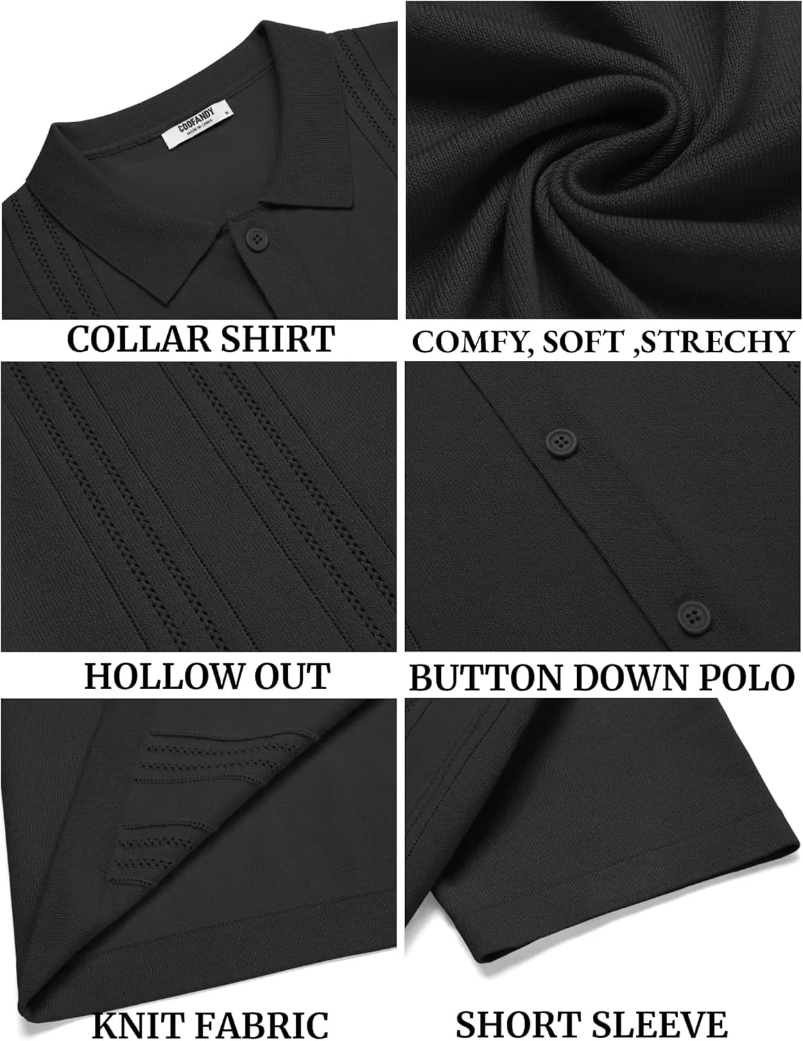 COOFANDY Men's Knit Button Down Shirt Short Sleeve Cuban Guayabera Shirts Casual Textured Polo Summer Tops
