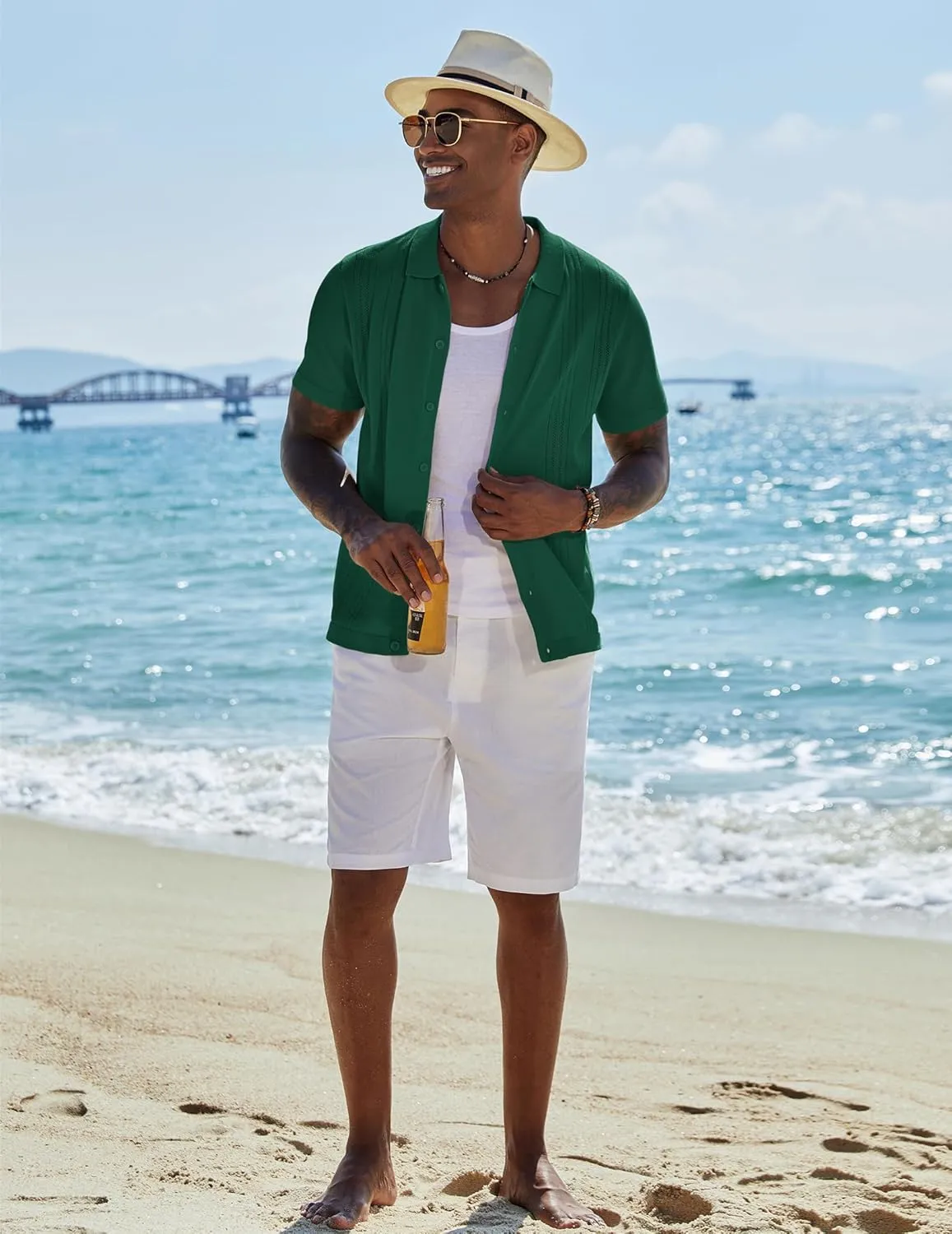 COOFANDY Men's Knit Button Down Shirt Short Sleeve Cuban Guayabera Shirts Casual Textured Polo Summer Tops