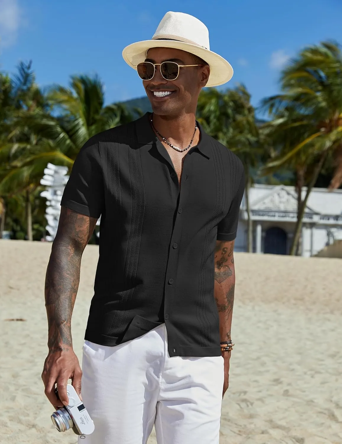COOFANDY Men's Knit Button Down Shirt Short Sleeve Cuban Guayabera Shirts Casual Textured Polo Summer Tops