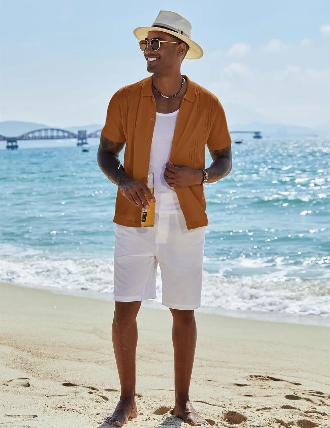 COOFANDY Men's Knit Button Down Shirt Short Sleeve Cuban Guayabera Shirts Casual Textured Polo Summer Tops