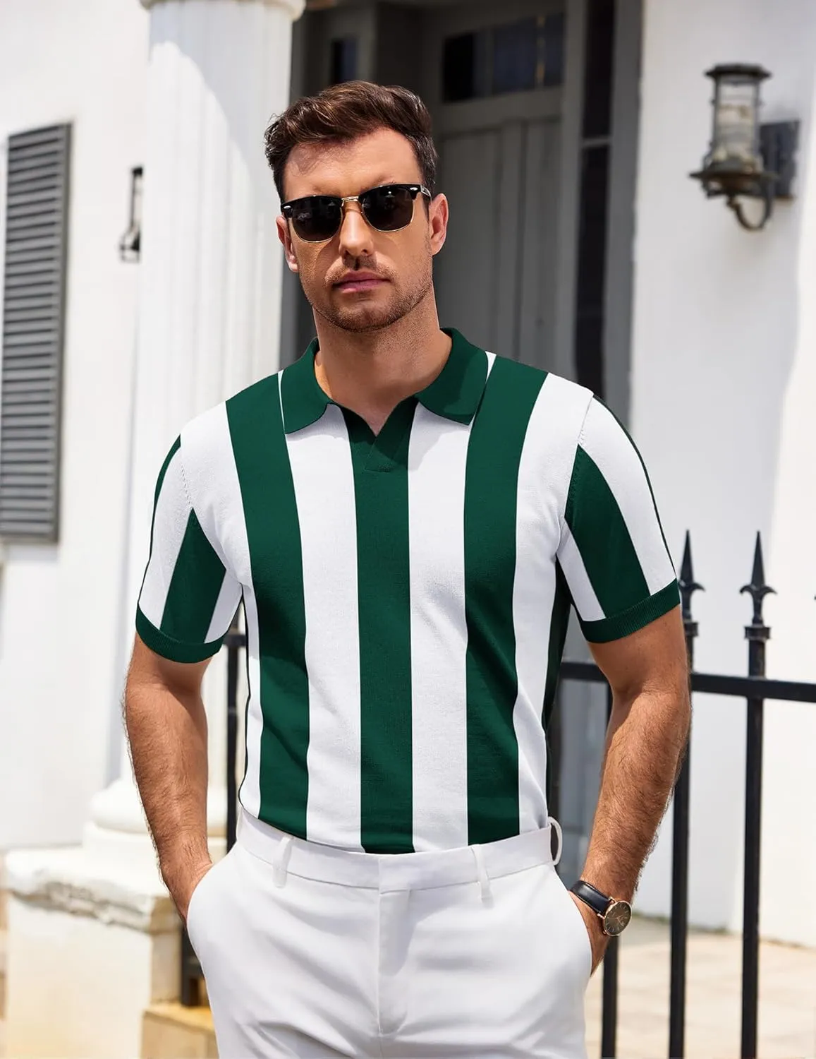 COOFANDY Mens Knit Polo Shirts V Neck Short Sleeve Stretch Polo T Shirt Casual Golf Shirts