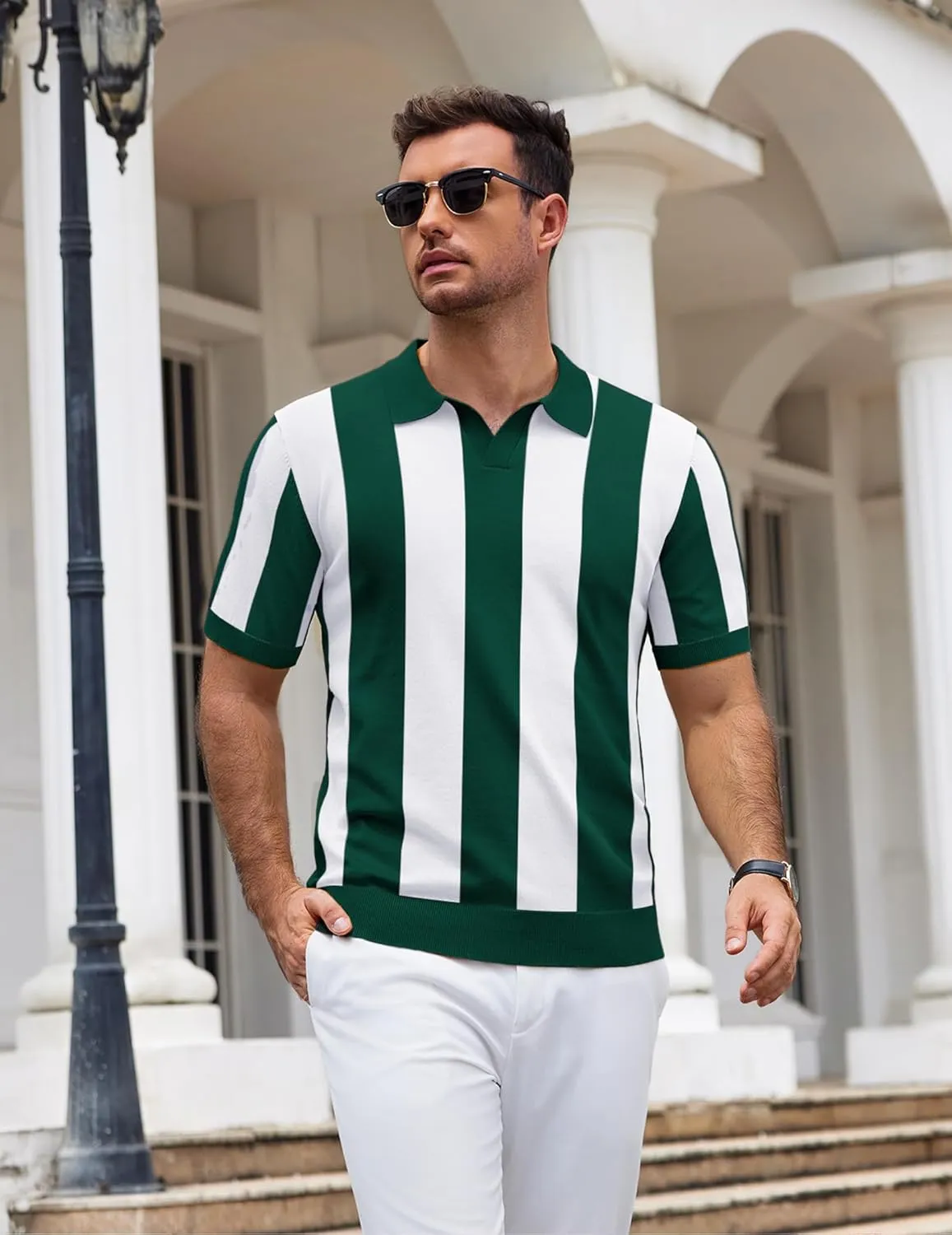 COOFANDY Mens Knit Polo Shirts V Neck Short Sleeve Stretch Polo T Shirt Casual Golf Shirts