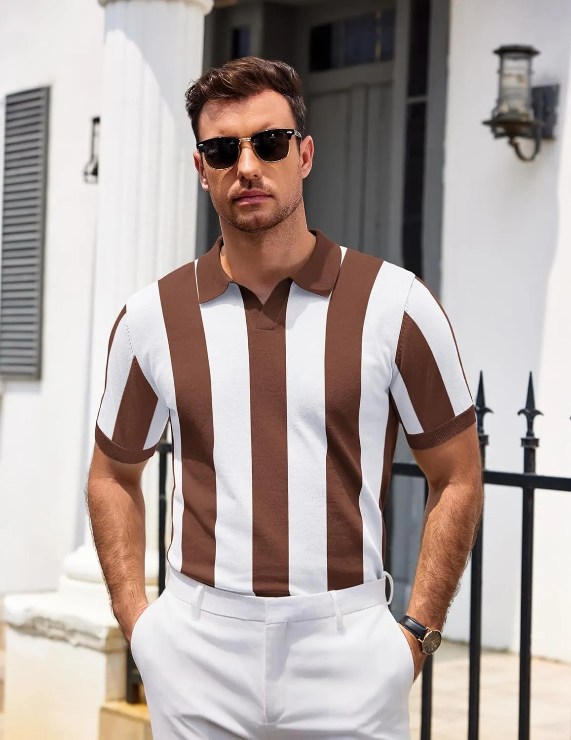 COOFANDY Mens Knit Polo Shirts V Neck Short Sleeve Stretch Polo T Shirt Casual Golf Shirts