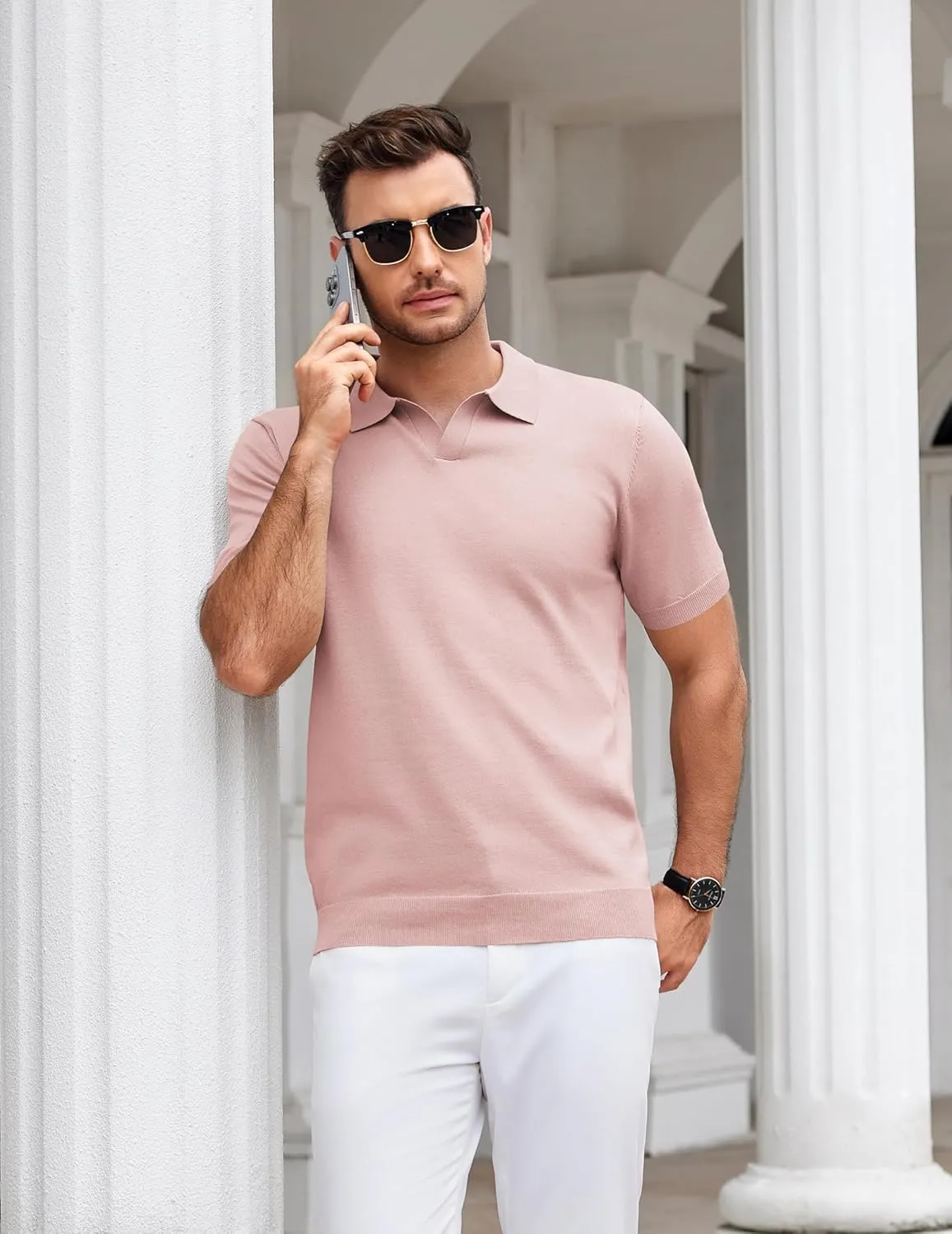 COOFANDY Mens Knit Polo Shirts V Neck Short Sleeve Stretch Polo T Shirt Casual Golf Shirts