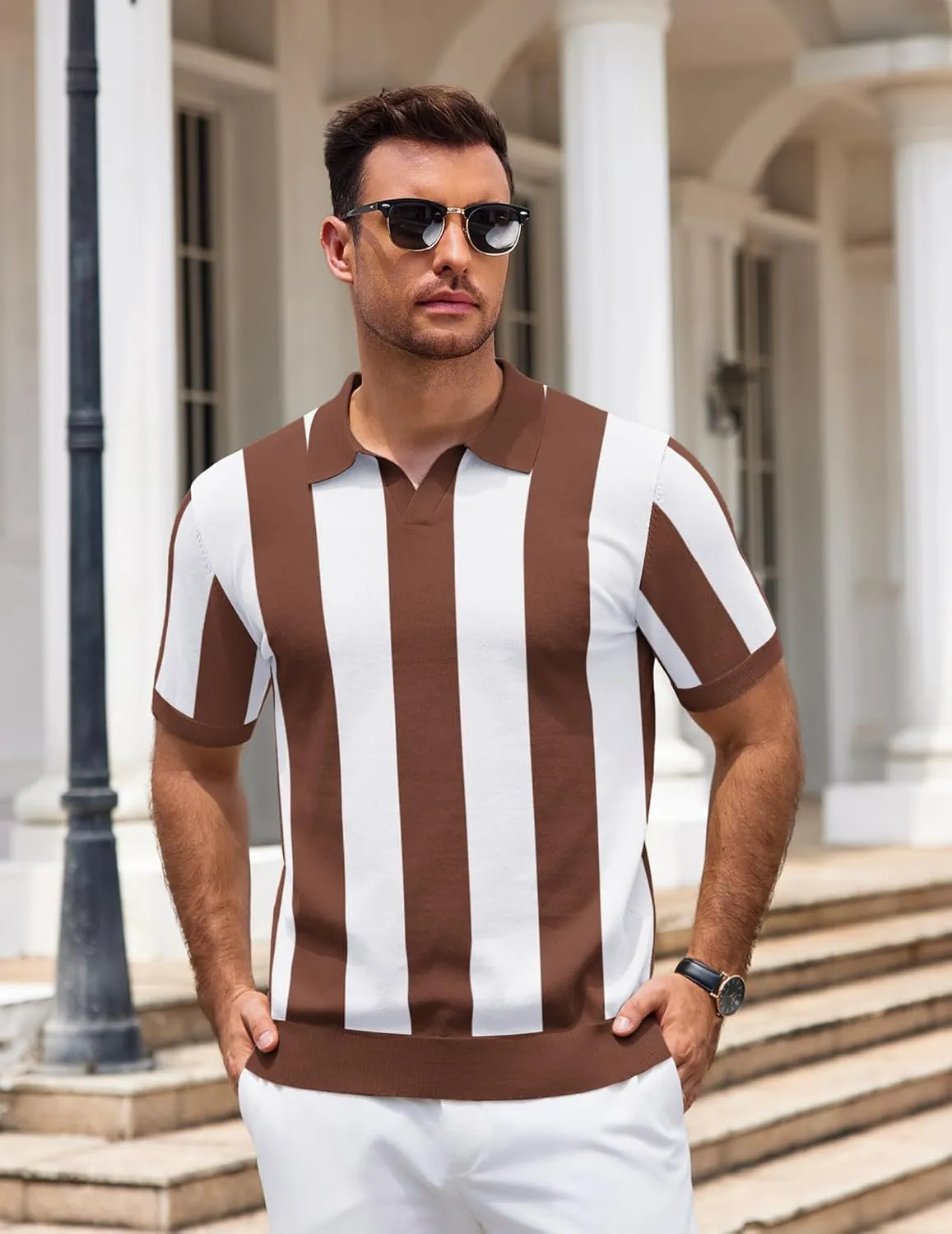 COOFANDY Mens Knit Polo Shirts V Neck Short Sleeve Stretch Polo T Shirt Casual Golf Shirts