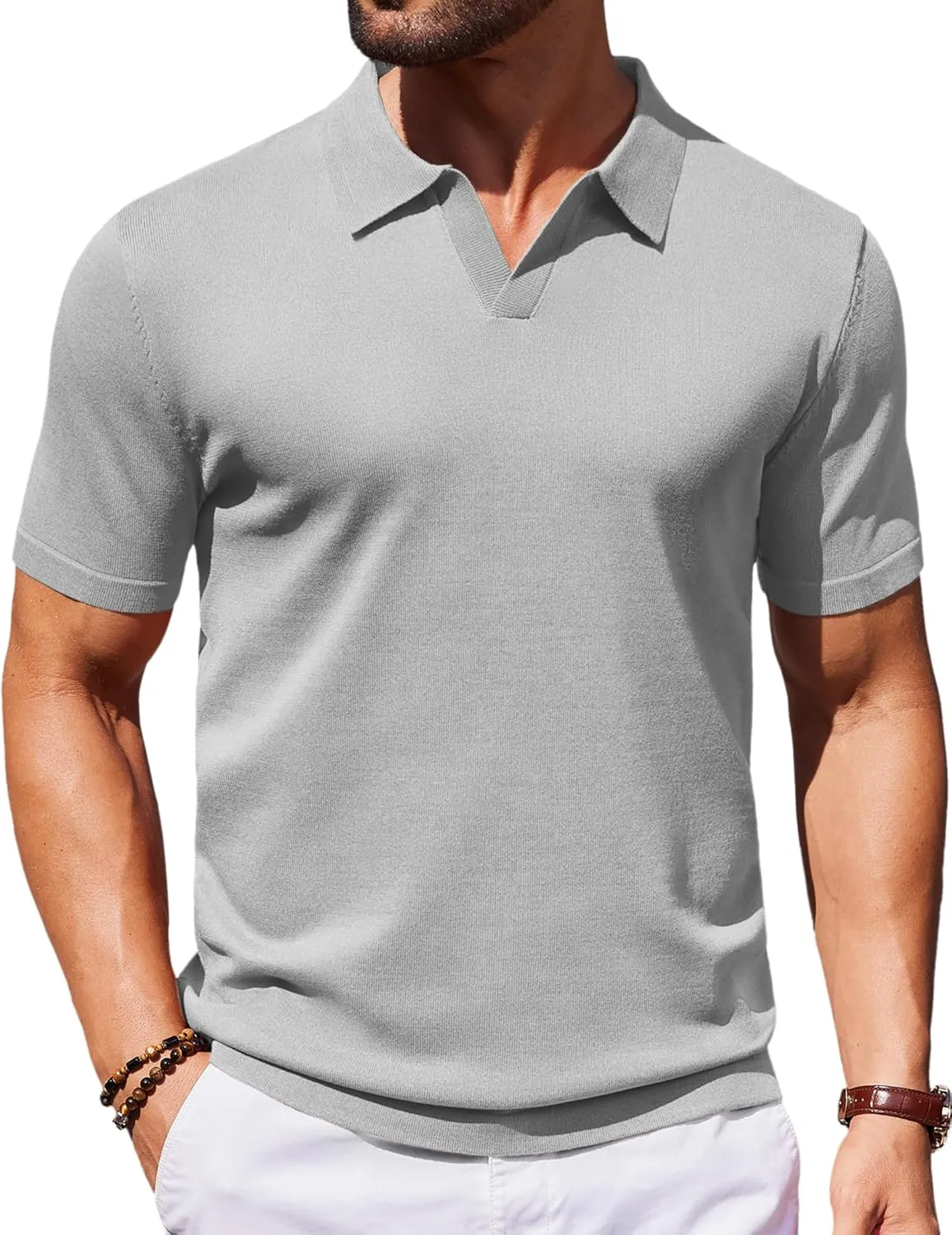 COOFANDY Mens Knit Polo Shirts V Neck Short Sleeve Stretch Polo T Shirt Casual Golf Shirts