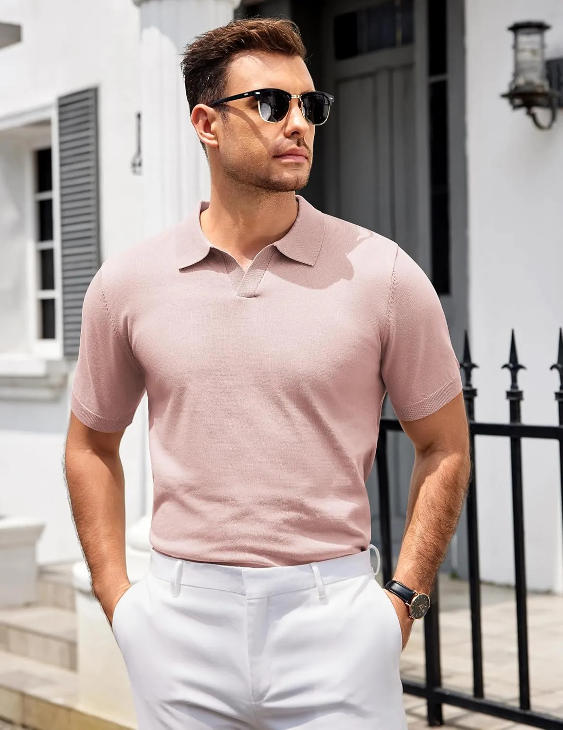 COOFANDY Mens Knit Polo Shirts V Neck Short Sleeve Stretch Polo T Shirt Casual Golf Shirts