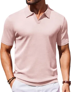 COOFANDY Mens Knit Polo Shirts V Neck Short Sleeve Stretch Polo T Shirt Casual Golf Shirts