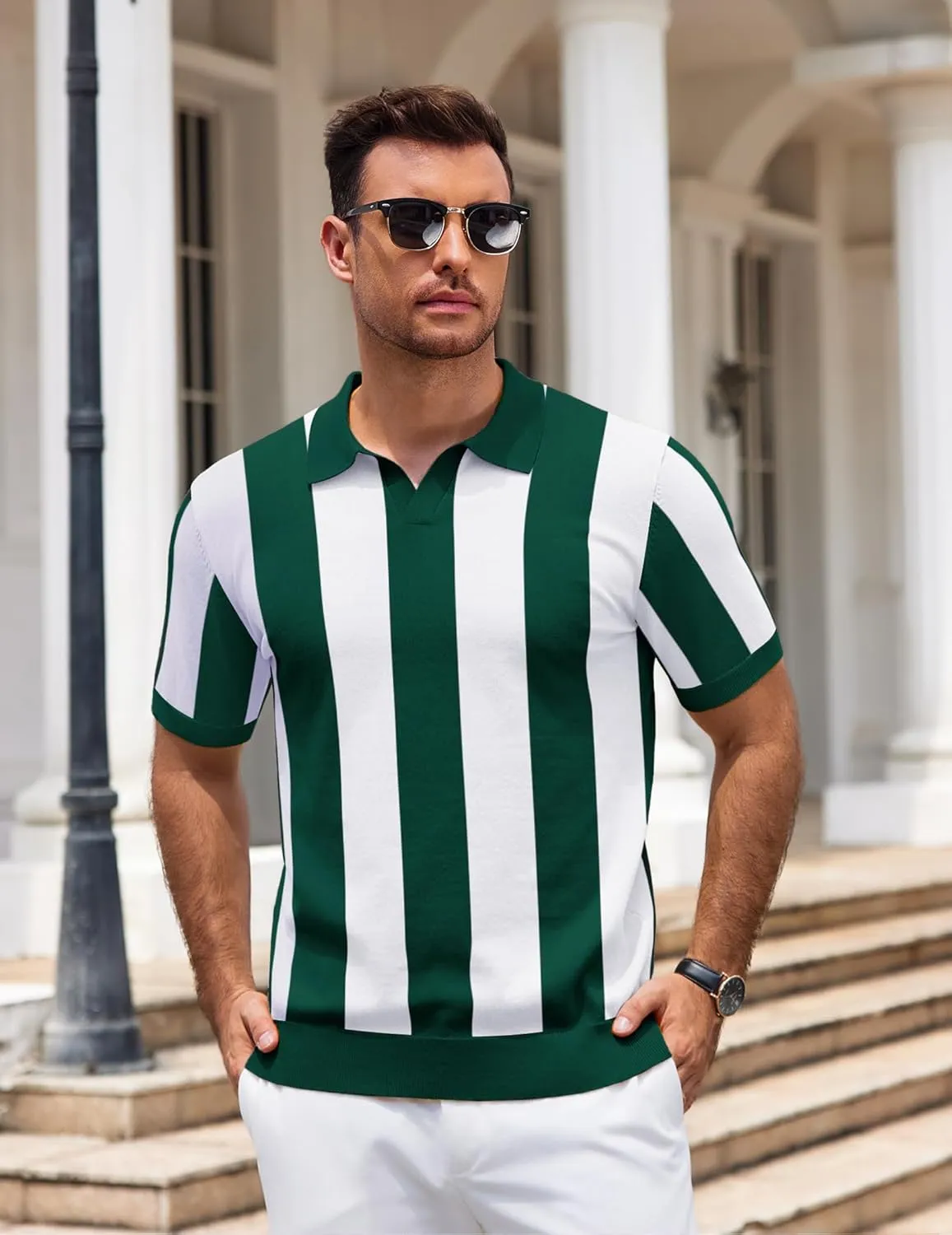 COOFANDY Mens Knit Polo Shirts V Neck Short Sleeve Stretch Polo T Shirt Casual Golf Shirts
